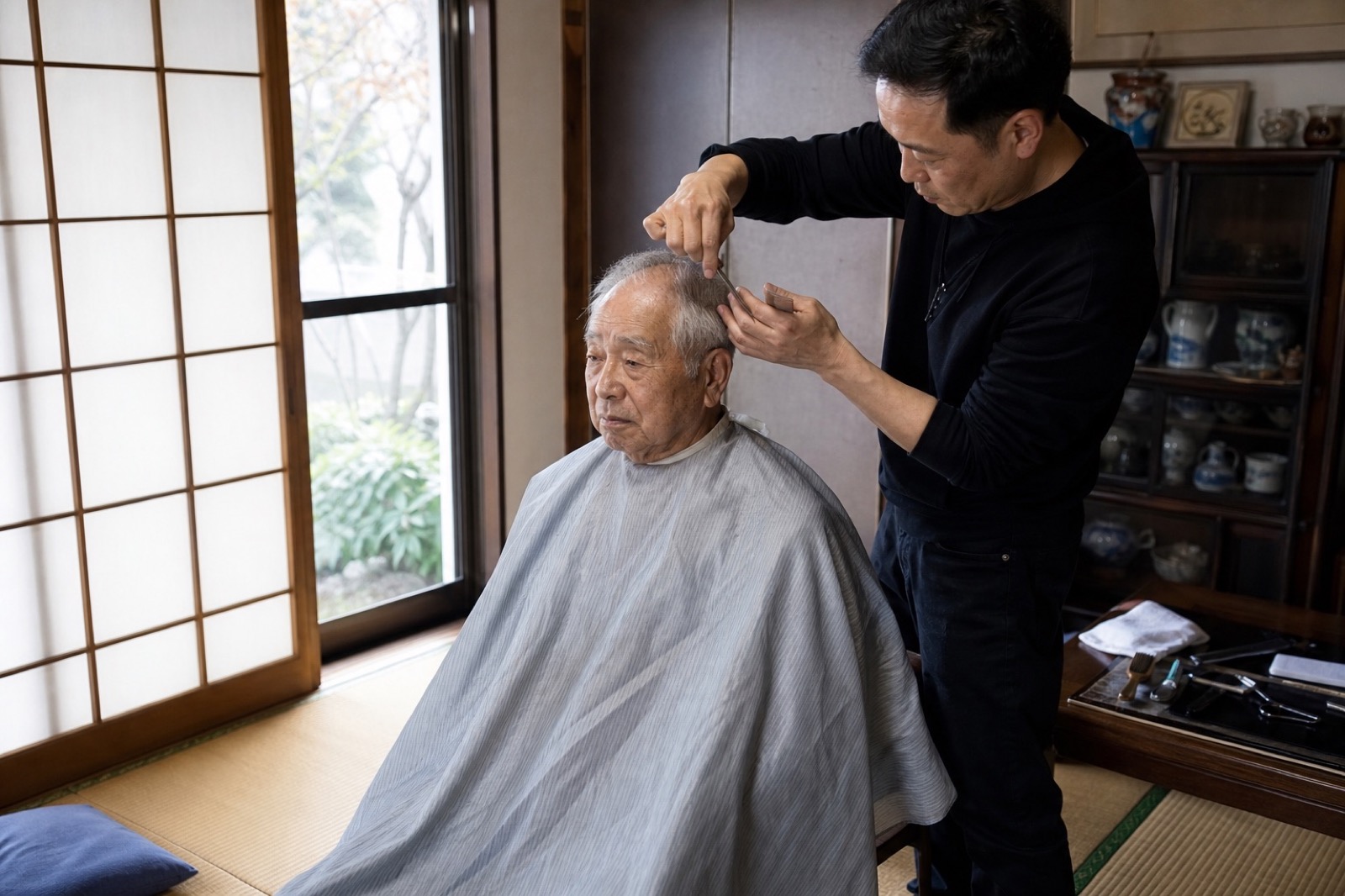 訪問先の居間で高齢者の散髪を行う様子
