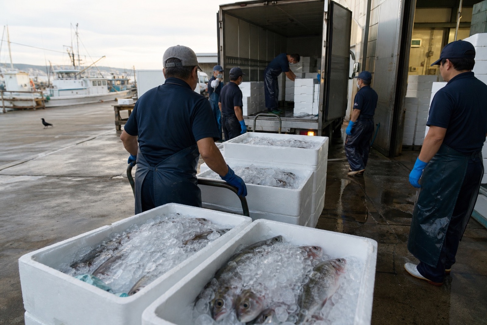 発泡スチロールに氷詰めされた鮮魚の出荷準備