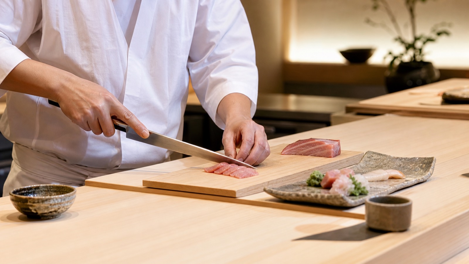 割烹月見亭の店内と本日のお造り