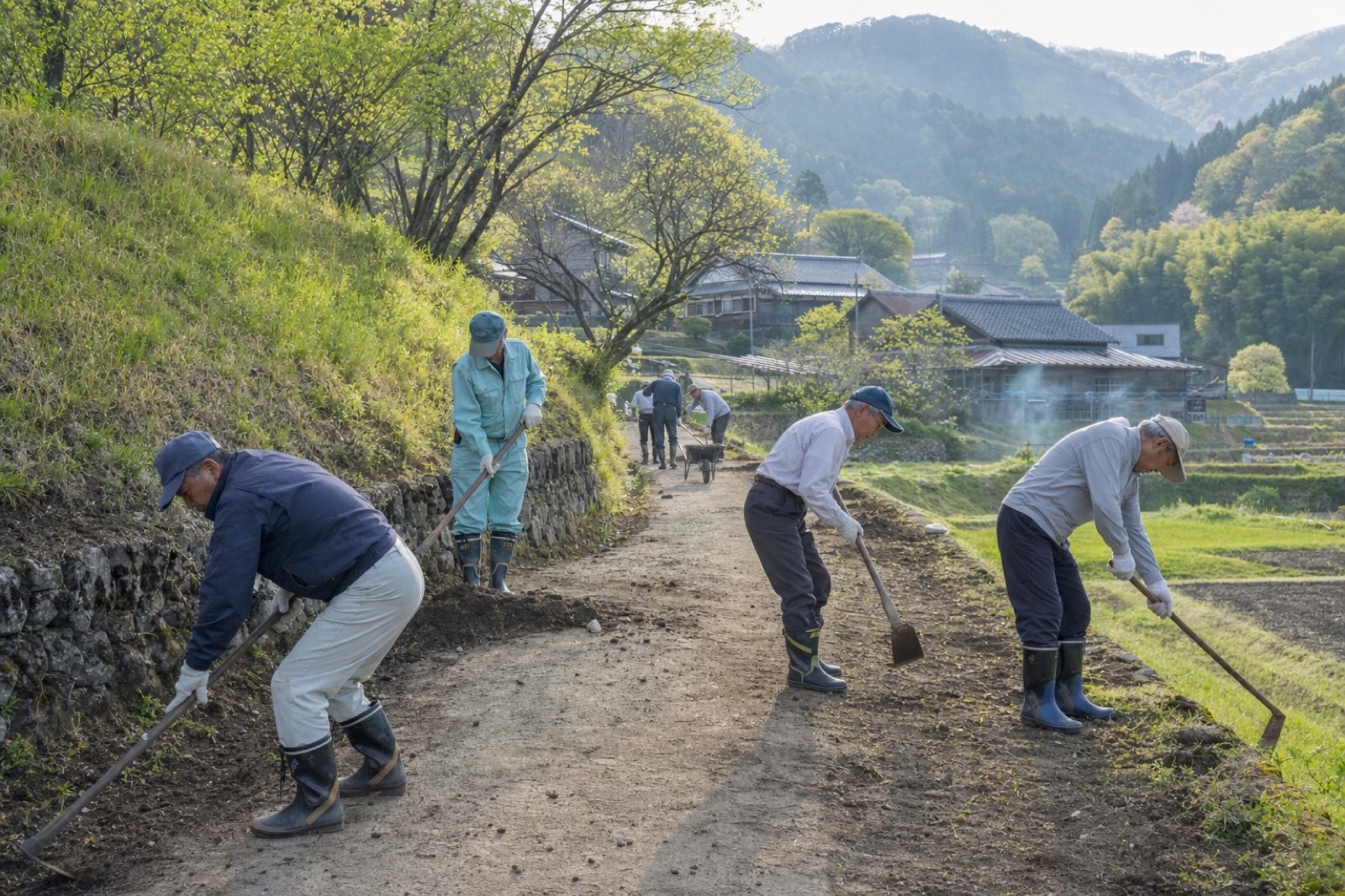 集落清掃に参加する住民たち
