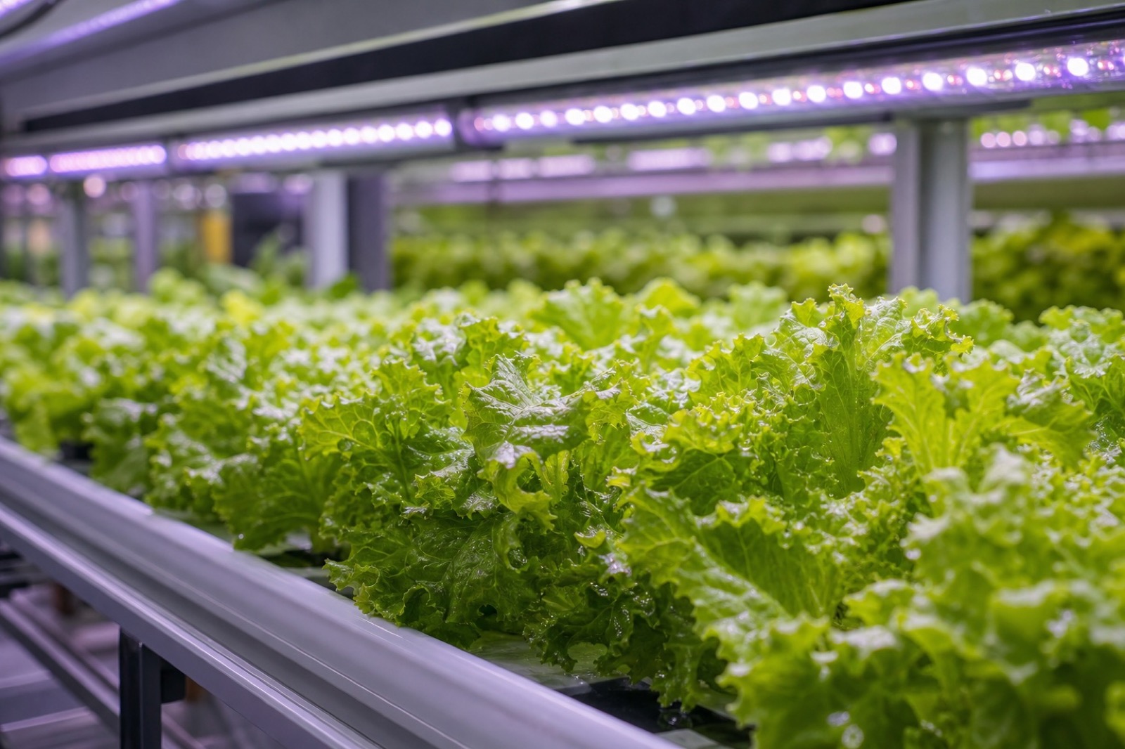 LED照明下で育つ葉物野菜の栽培棚